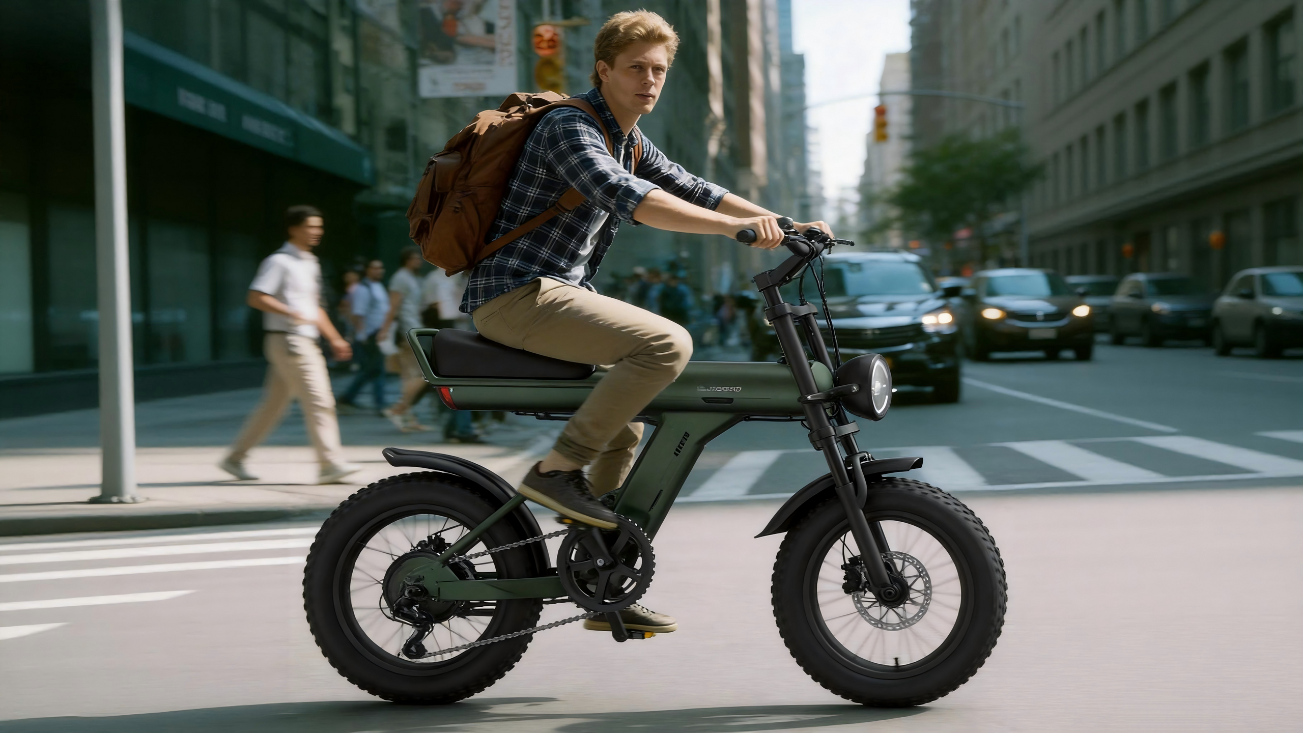 Dynamic urban commuter shot of a man with a brown backpack riding matte army-green Jansno X90 retro fat-tire e-bike across a busy downtown city crosswalk.