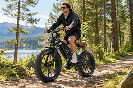 Man riding Jansno X50 fat tire electric bike on forest trail with lake and mountain scenery.