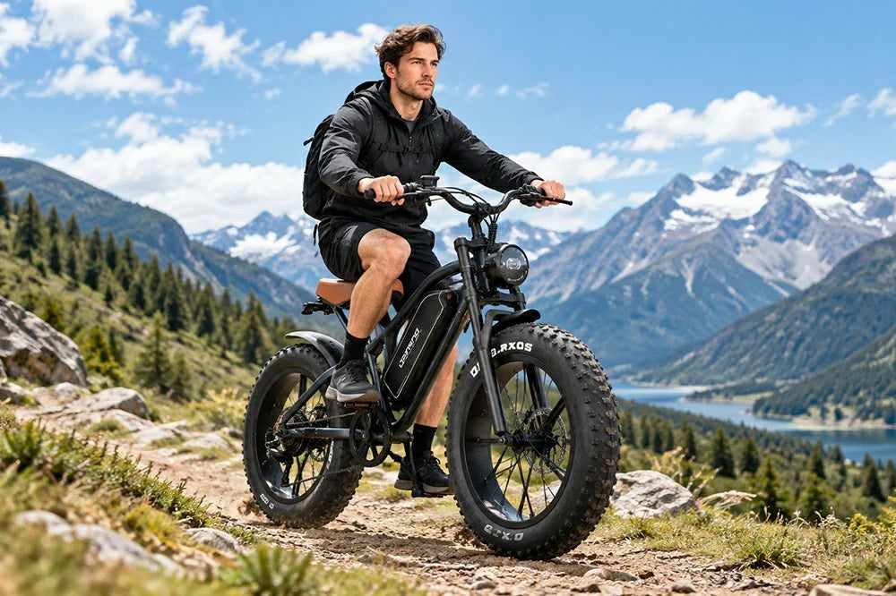 Man riding Jansno X50 fat tire electric bike on rocky mountain trail with lake and snow peaks.