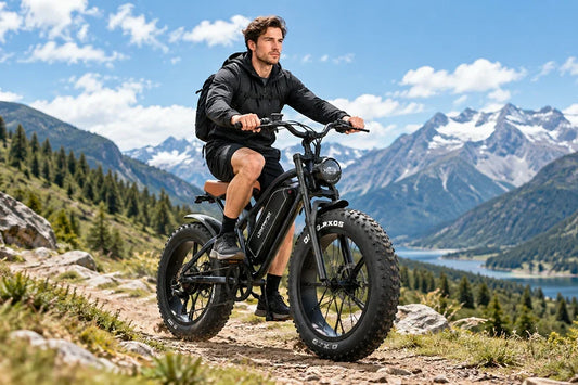 Man riding Jansno X50 fat tire electric bike on rocky mountain trail with lake and snow peaks.