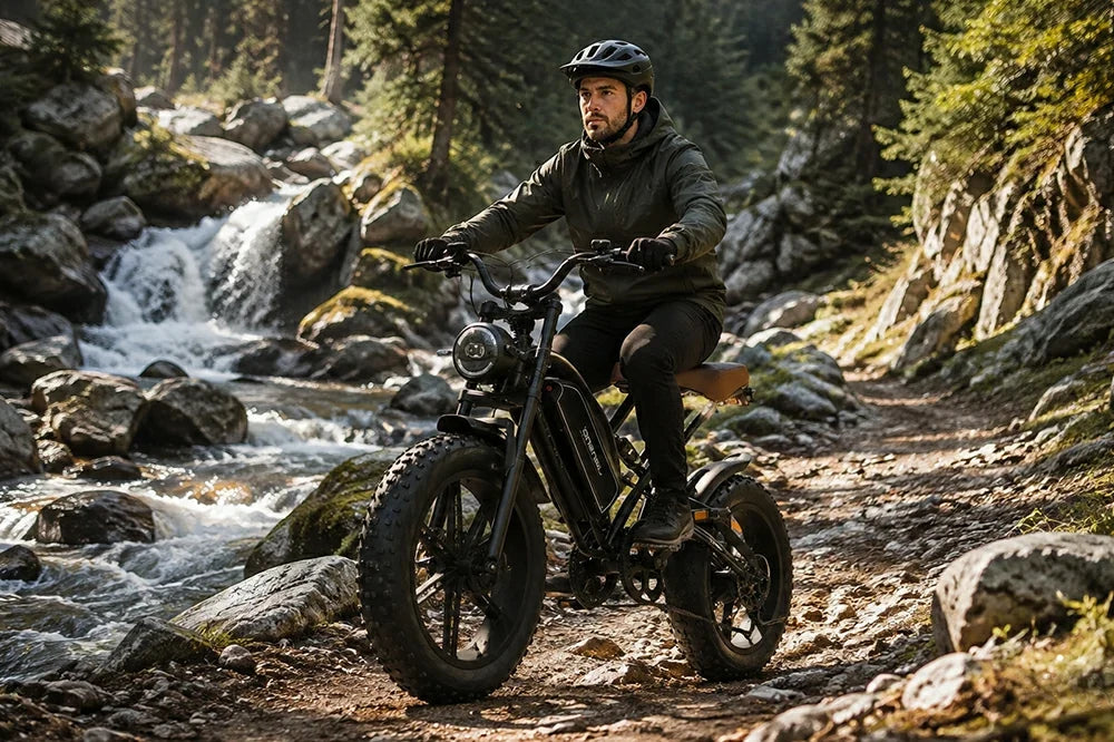 Man riding Jansno X50 fat tire electric bike beside mountain stream and waterfall.