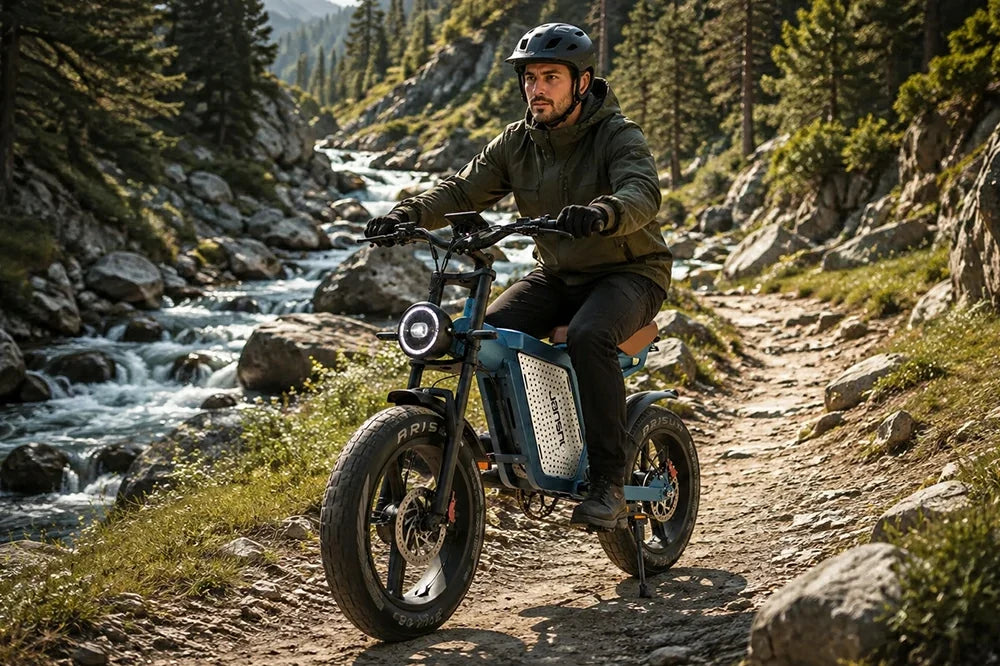 Man riding blue Jansno X60 fat tire electric bike beside a mountain river.