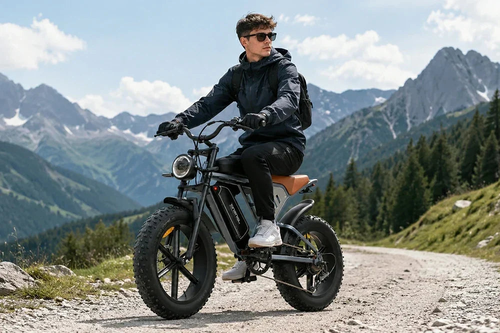 Man riding retro Jansno X70 fat‑tire e‑bike on alpine mountain gravel trail