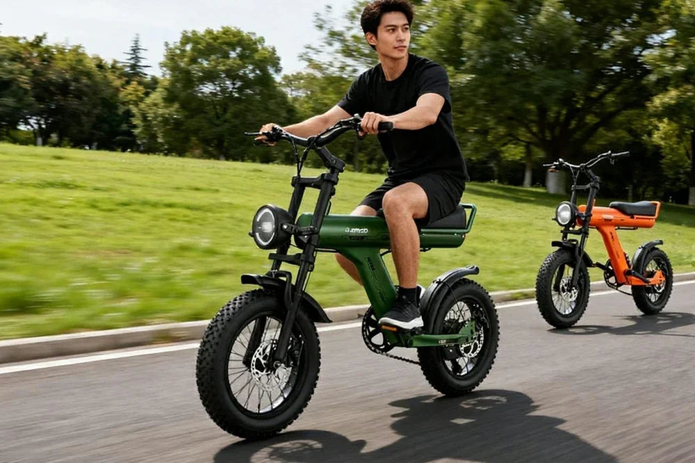 Man riding green Jansno X90 retro fat‑tire electric bike on park road, orange unit follows behind