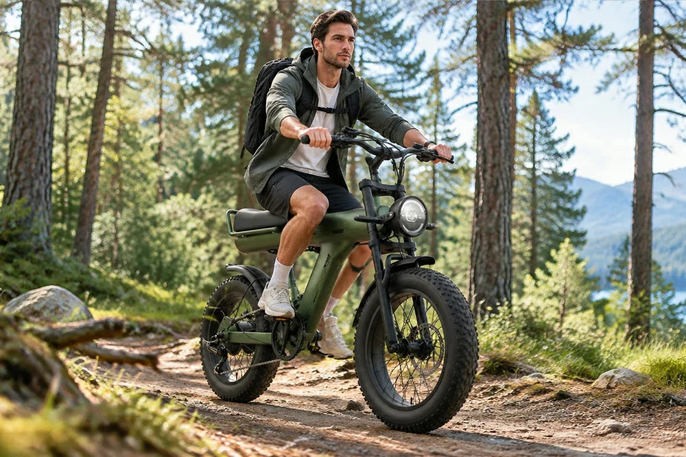 Man riding green Jansno X90 retro fat tire electric bike on sunlit forest trail, mountain lake scenery.