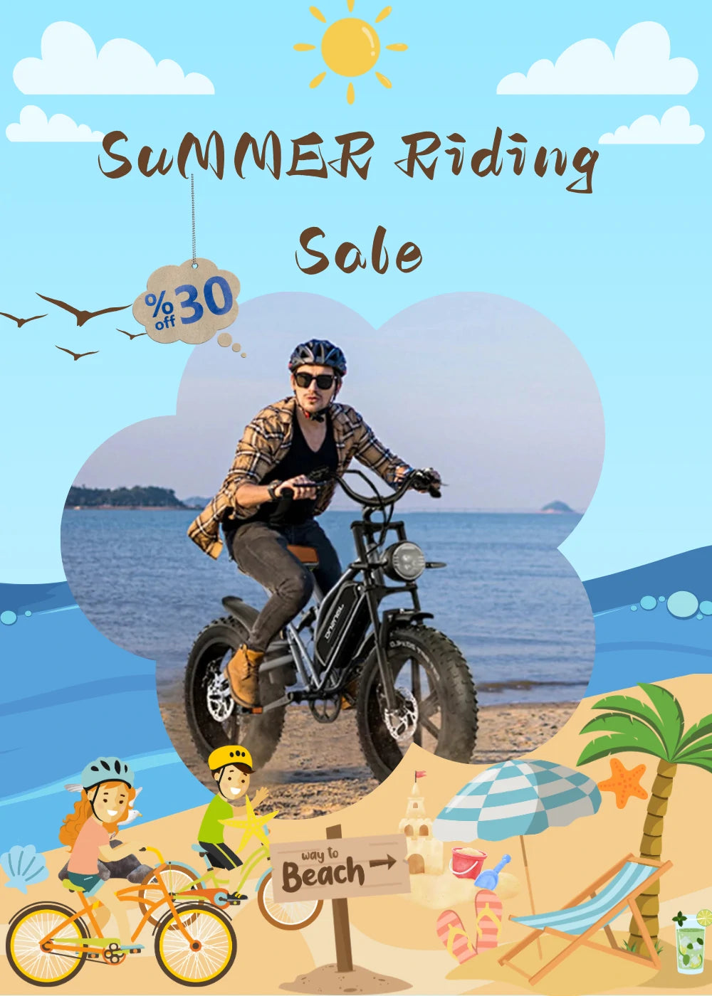 Vertical social media Summer Riding Sale poster for Jansno X50 electric bike, playful summer beach cartoon decor, 30% off limited promotion.