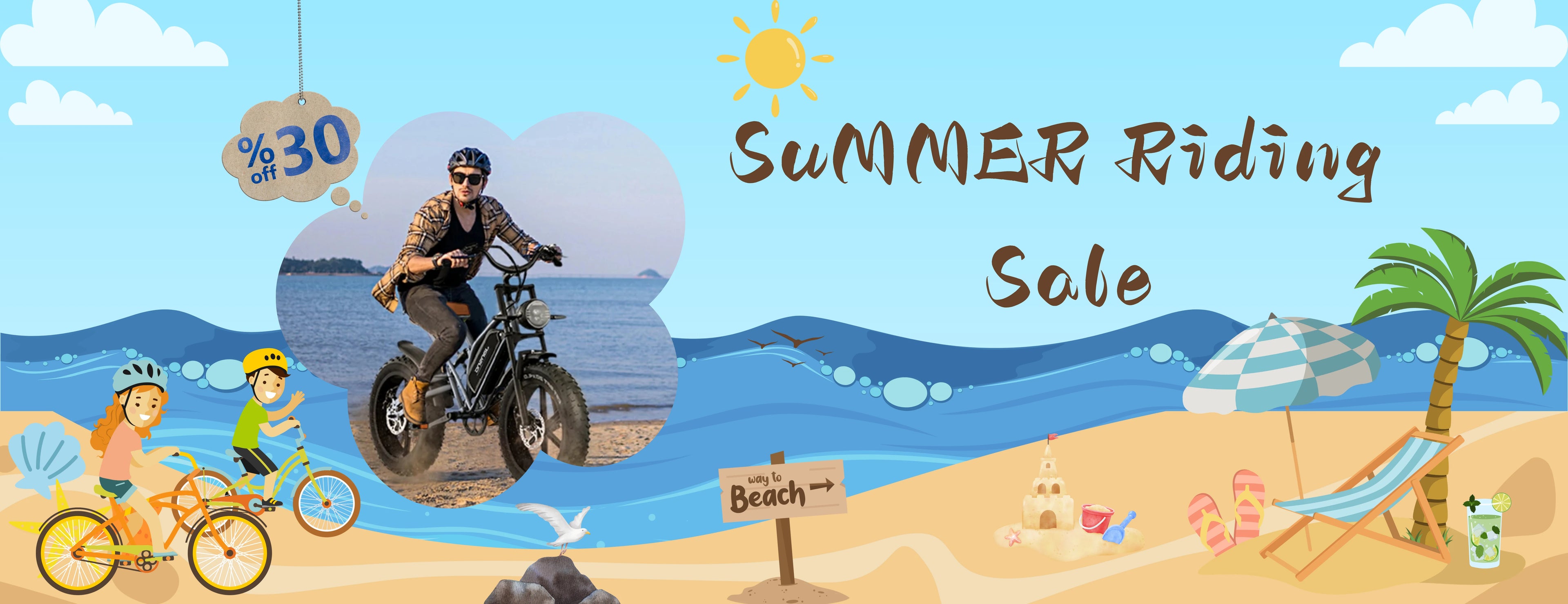Cartoon beach themed Summer Riding Sale wide promotional banner for Jansno X50 fat tire electric bike, 30 percent off summer discount tag.